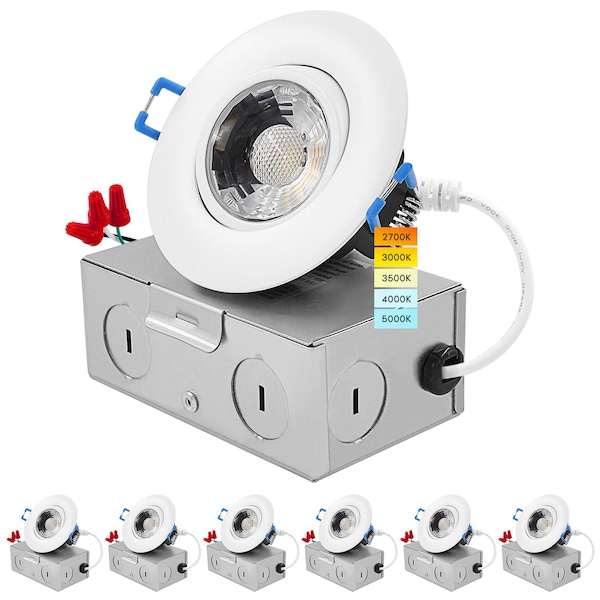 Luxrite 3 Inch Gimbal LED Recessed Downlights 5CCT 2700K-5000K 8W 600LM Dimmable Damp Rated IC Rated, 6PK LR23220-6PK - main